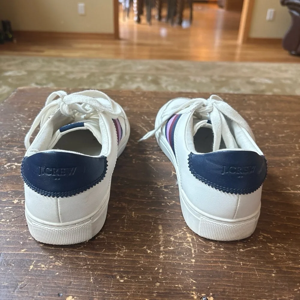J. Crew White Leather Kids Sneakers with Navy and Purple Stripes